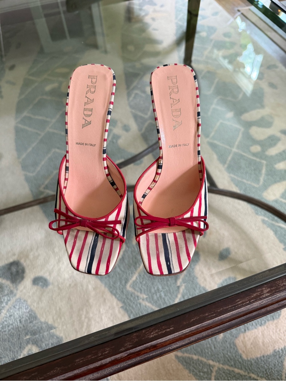 Vintage Prada Navy & Red Striped Silk Kitten Heels with Fabric Bow